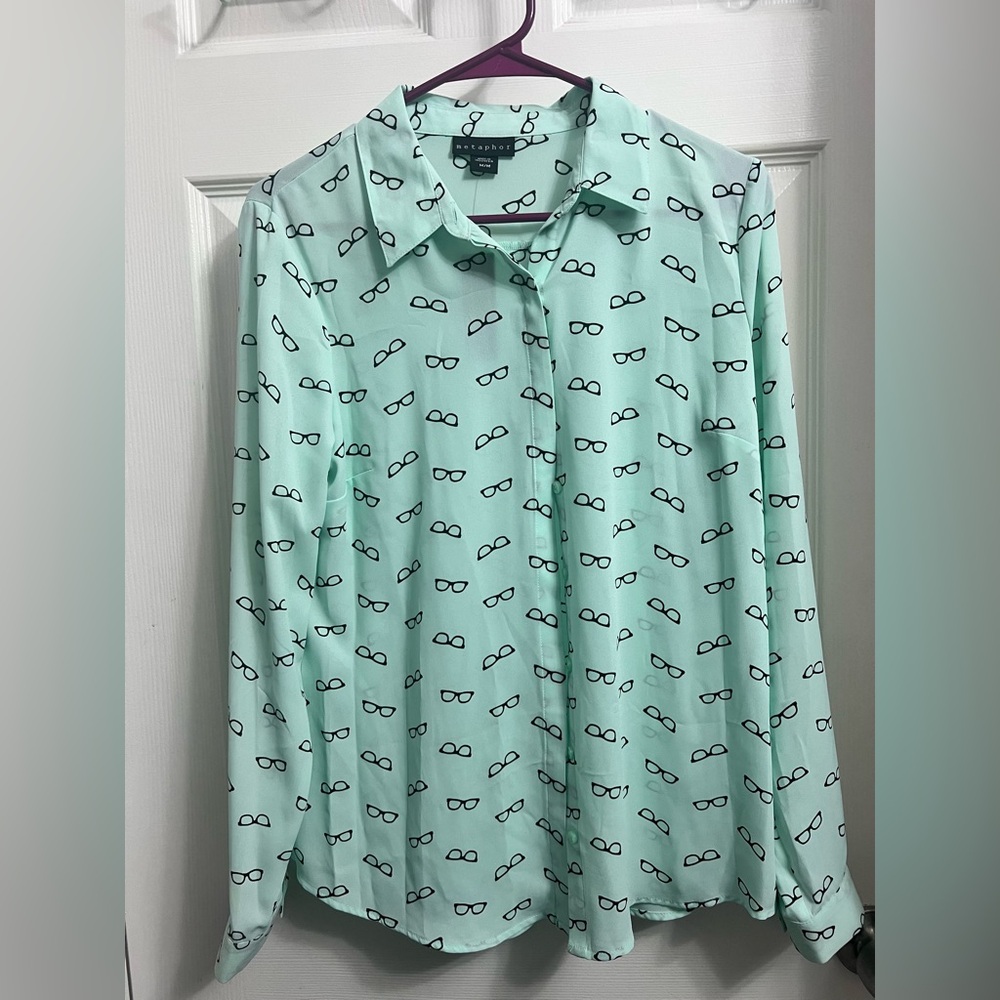 Blue/green with (glasses print) Button up Blouse. Brand: Metaphor. Size: Medium.